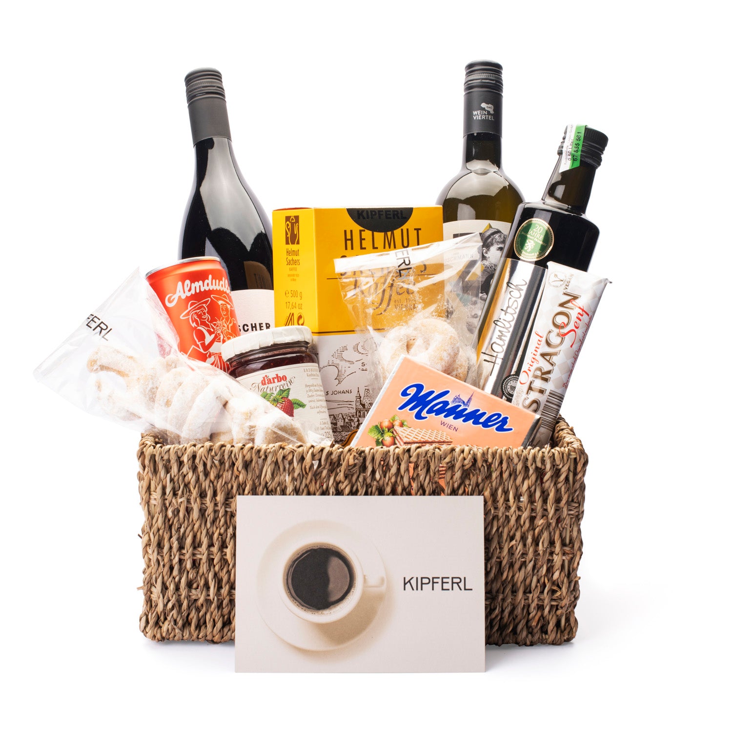 hamper, wine, coffee, kipferl, gift, box, card, manner, wafer, mustard, kremser, estragon, pumpkinseed, oil, almdudler, fixxy, soft, drink, jam, stauds, white, red