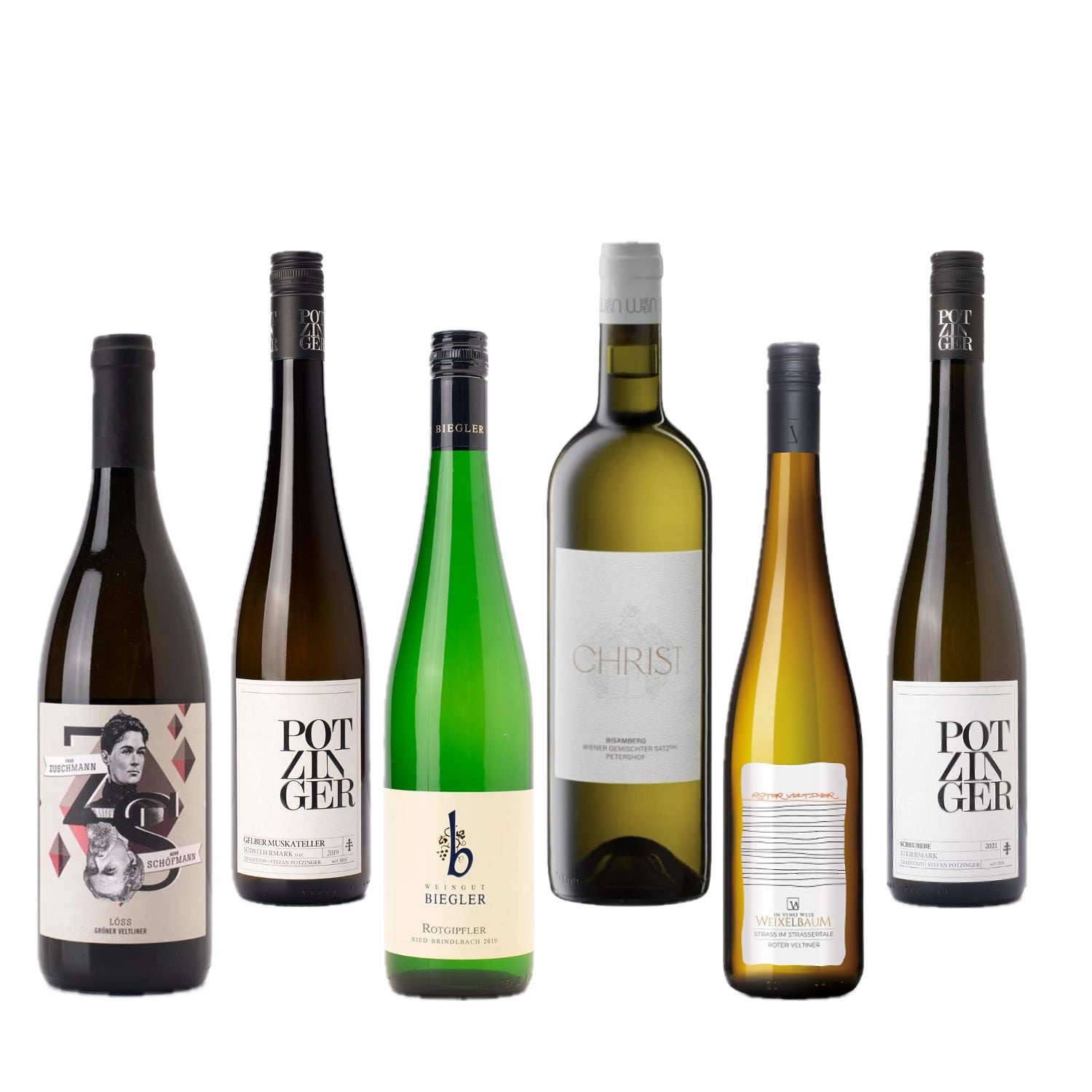 Austrian white wine collection box with six bottles featuring Grüner Veltliner and Riesling
