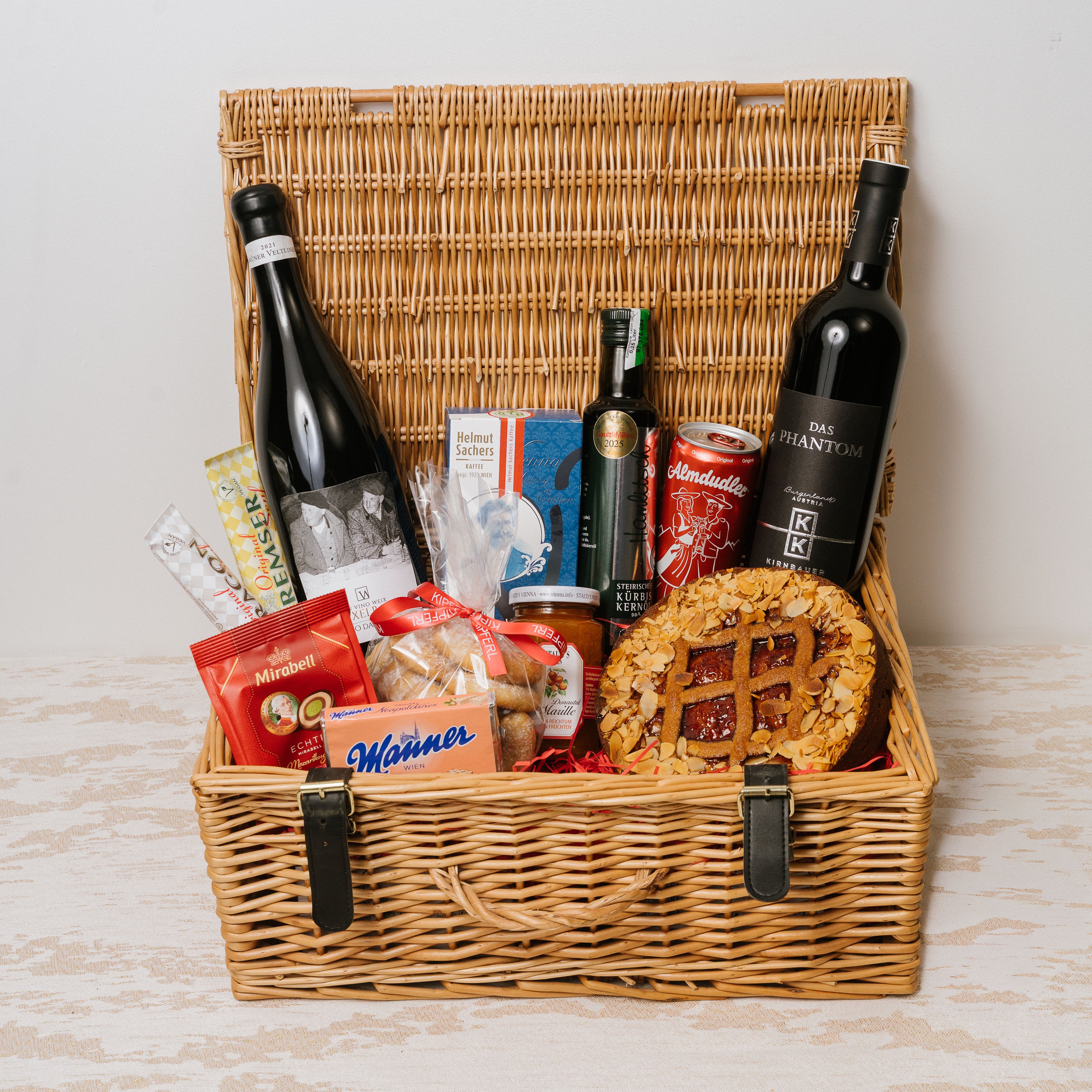 Austrian Excellence hamper detail showing Manner Schnitten, Almdudler and Helmut Sacher coffee