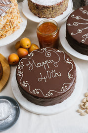Sachertorte Celebration Cake with personalised message ready for delivery