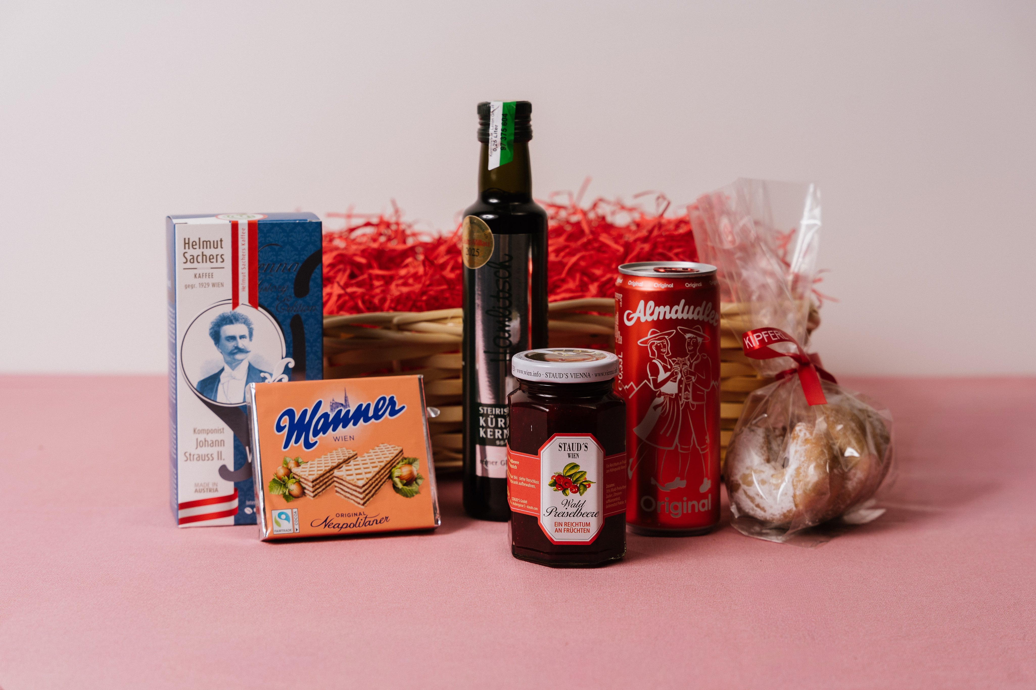 Small Austrian gift hamper detail showing the Vienna pantry essentials