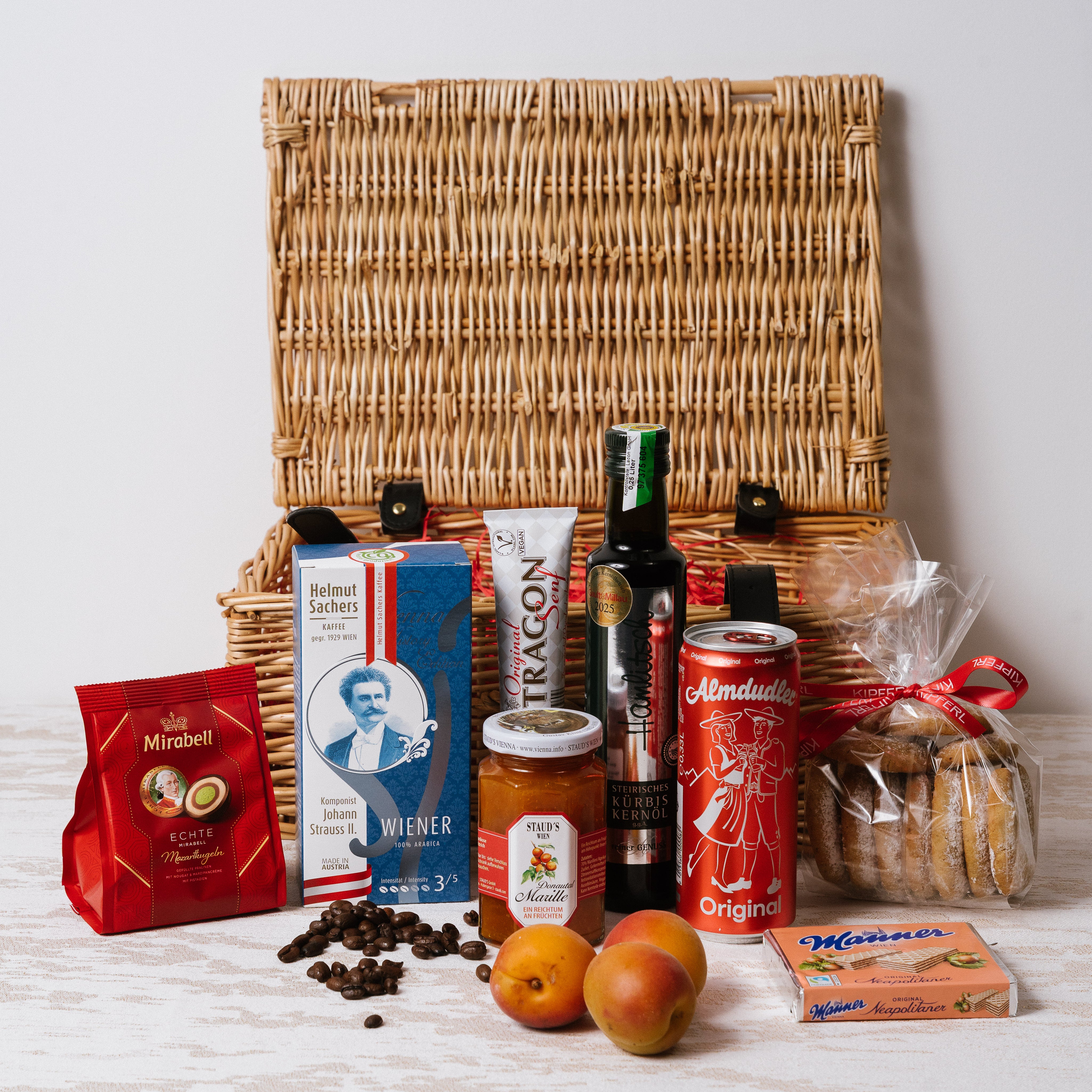 Alcohol-free Austrian hamper showing Almdudler, Helmut Sacher coffee and Mozartkugeln