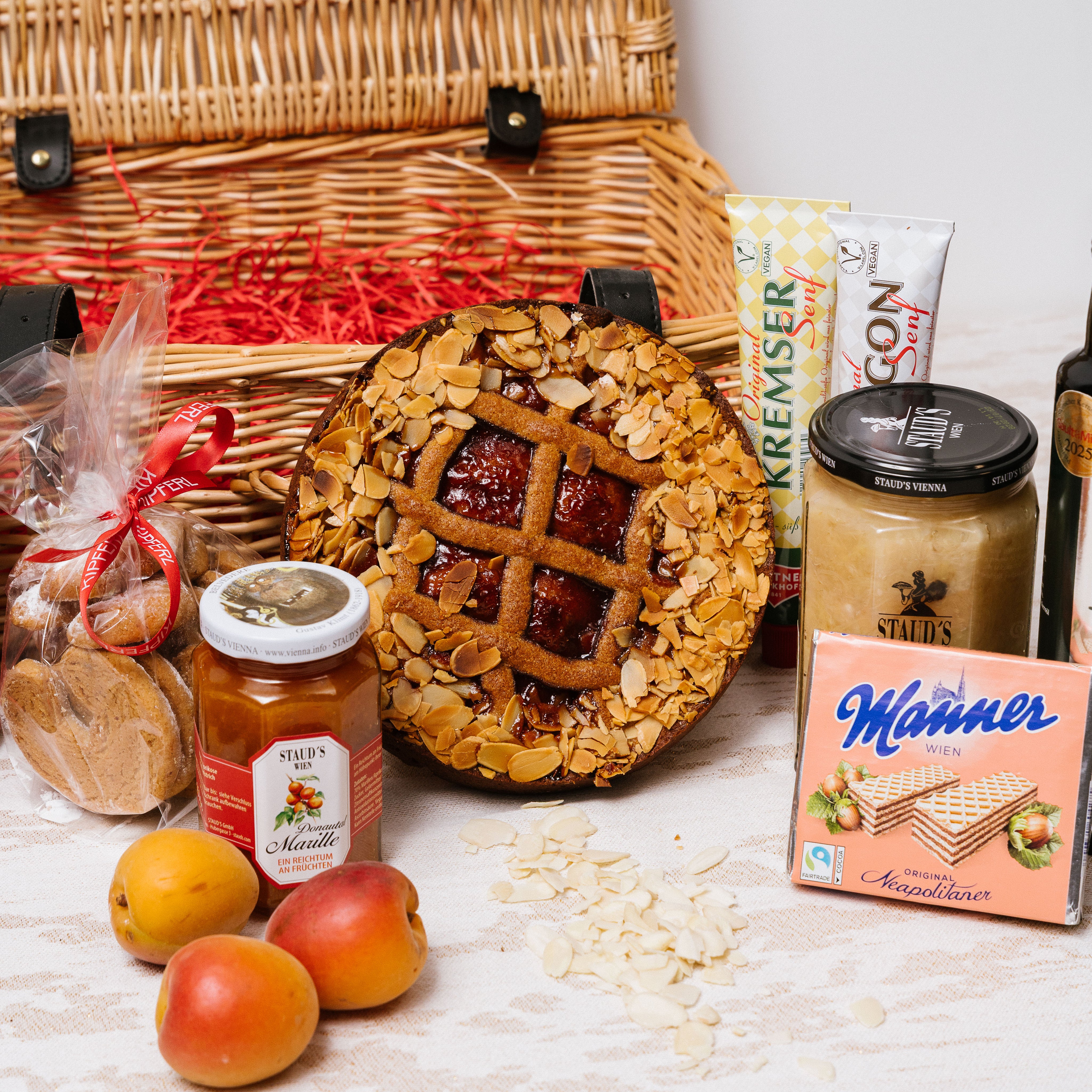 Alcohol-free Austrian hamper detail with Manner Schnitten and handmade Vanillekipferl