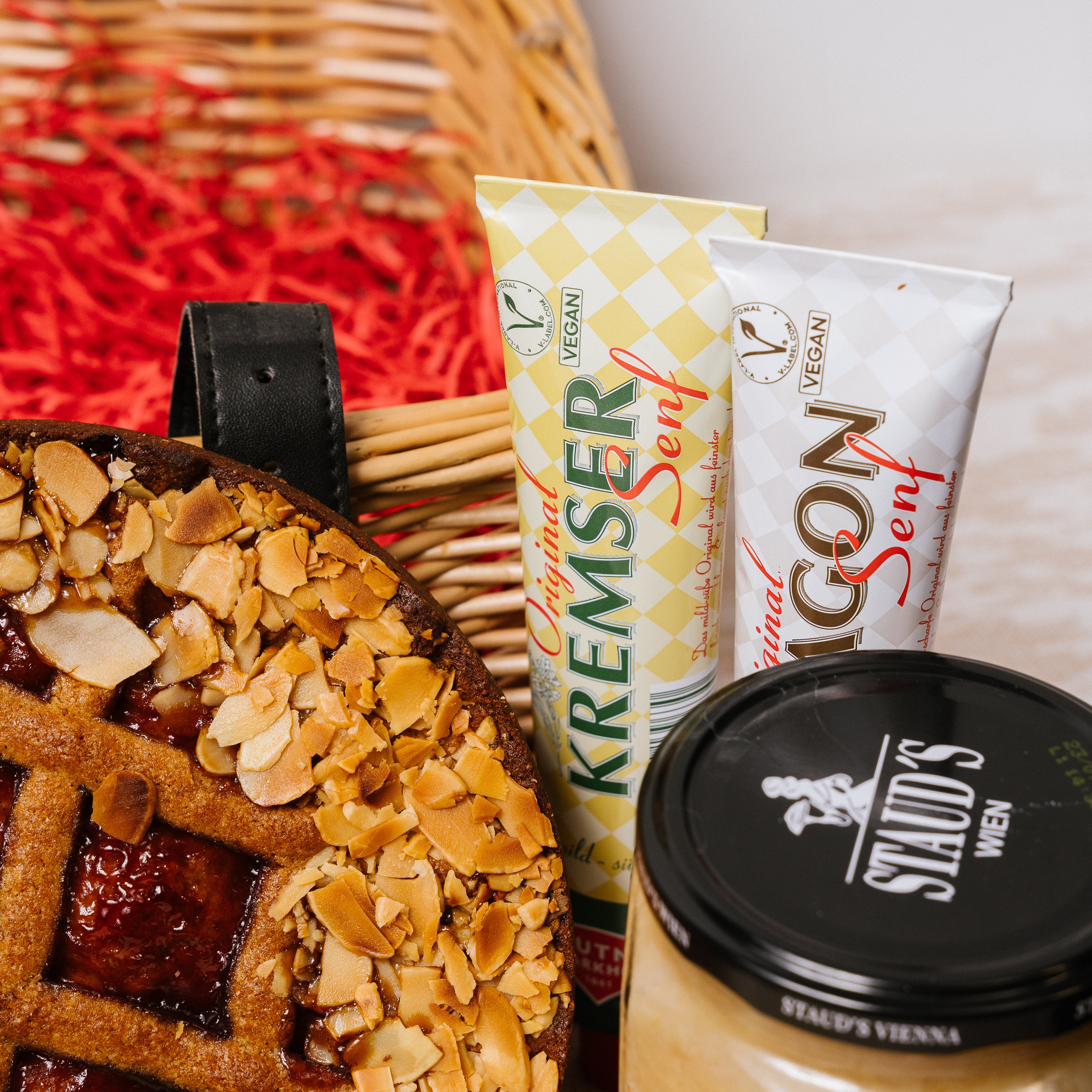 Alcohol-free Austrian hamper contents close-up showing Austrian delicatessen range