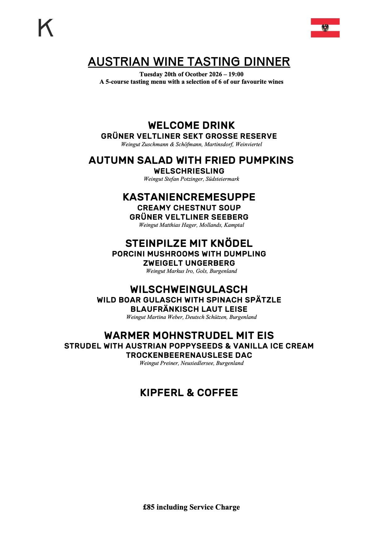 Kipferl Austrian Wine Tasting Dinner 20th of October 2026 Start 19:00